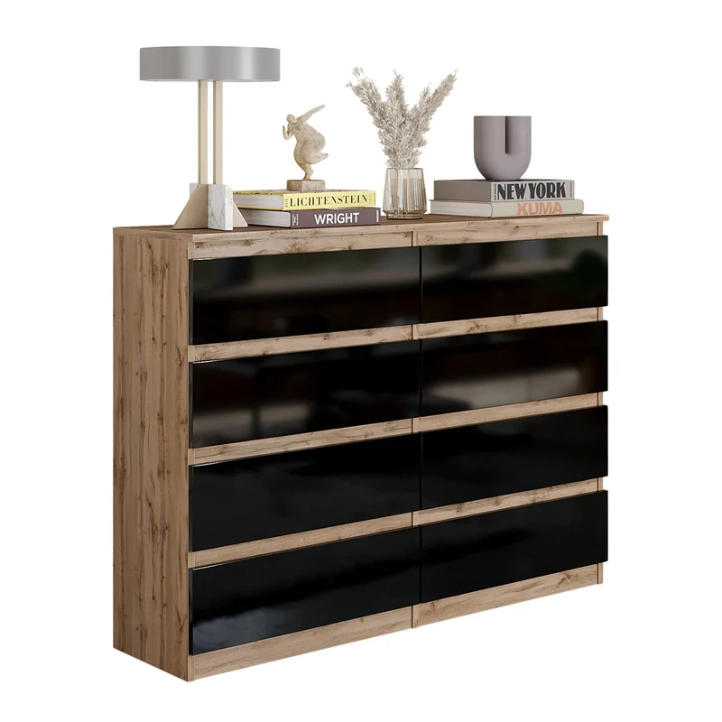 GABRIEL - Kommode / Sideboard mit 8 Schubladen - Wotan Eiche / Schwarz Gloss H92cm B120cm T33cm