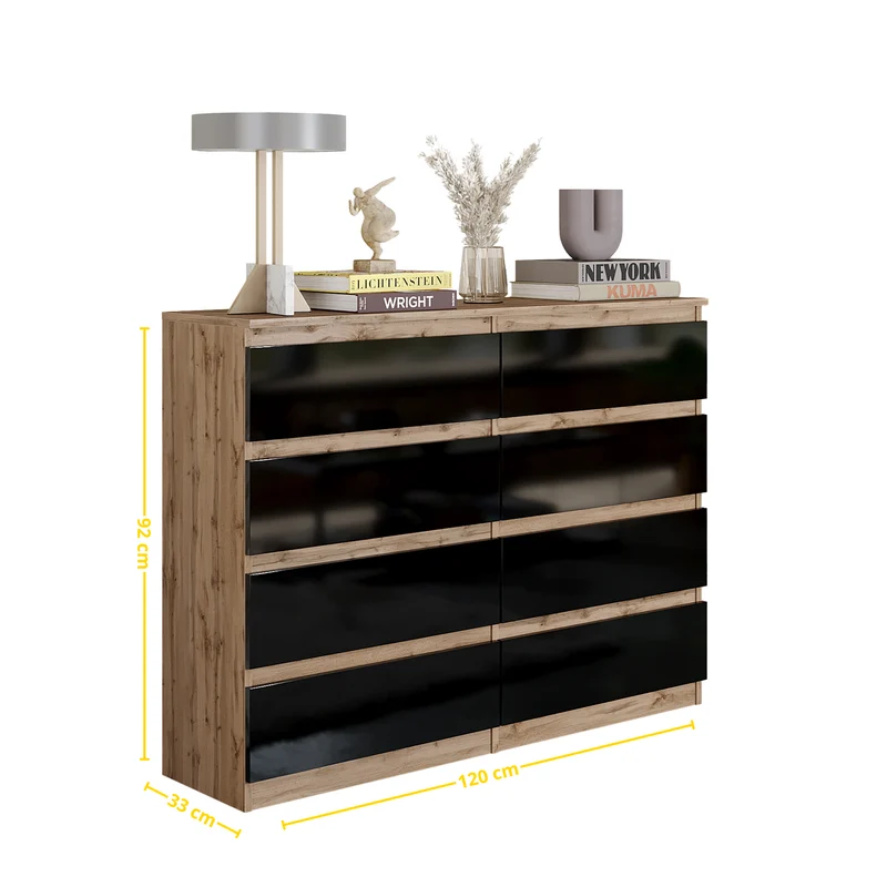 GABRIEL - Kommode / Sideboard mit 8 Schubladen - Wotan Eiche / Schwarz Gloss H92cm B120cm T33cm