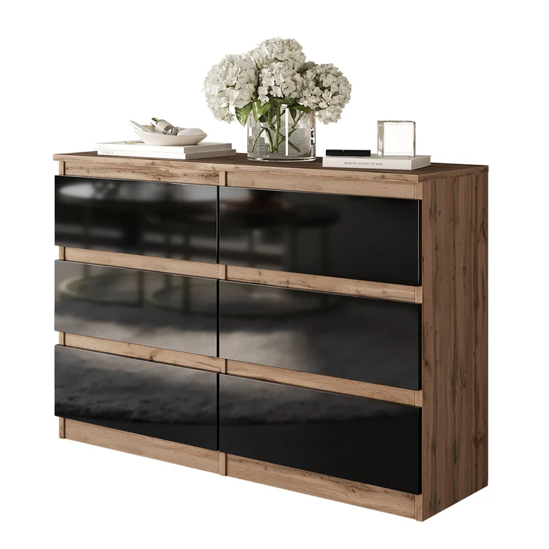 GABRIEL - Kommode / Sideboard mit 6 Schubladen - Wotan Eiche / Schwarz Gloss H71cm B100cm TD33cm