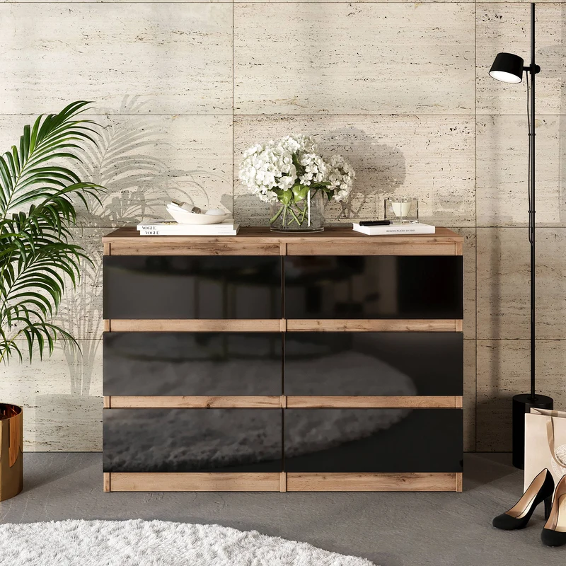 GABRIEL - Kommode / Sideboard mit 6 Schubladen - Wotan Eiche / Schwarz Gloss H71cm B100cm TD33cm