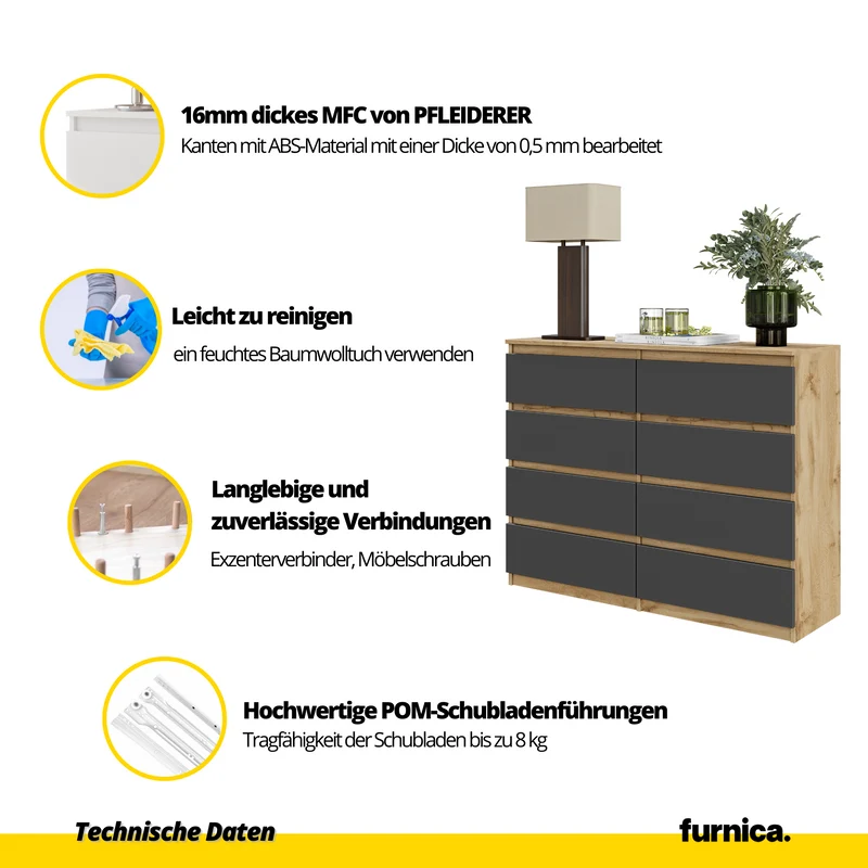 GABRIEL - Kommode / Sideboard mit 8 Schubladen - Wotan Eiche / Anthrazit H92cm B120cm T33cm