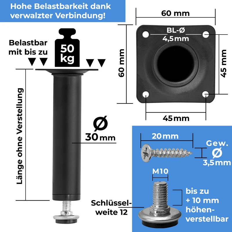 Möbelfüße Edelstahl Metall verstellbare Füße Ø30mm Durchmesser
