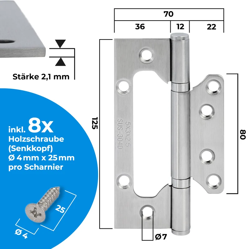 Scharniere klappbar aus Edelstahl (1 Paar) mit schmaler Montagefläche