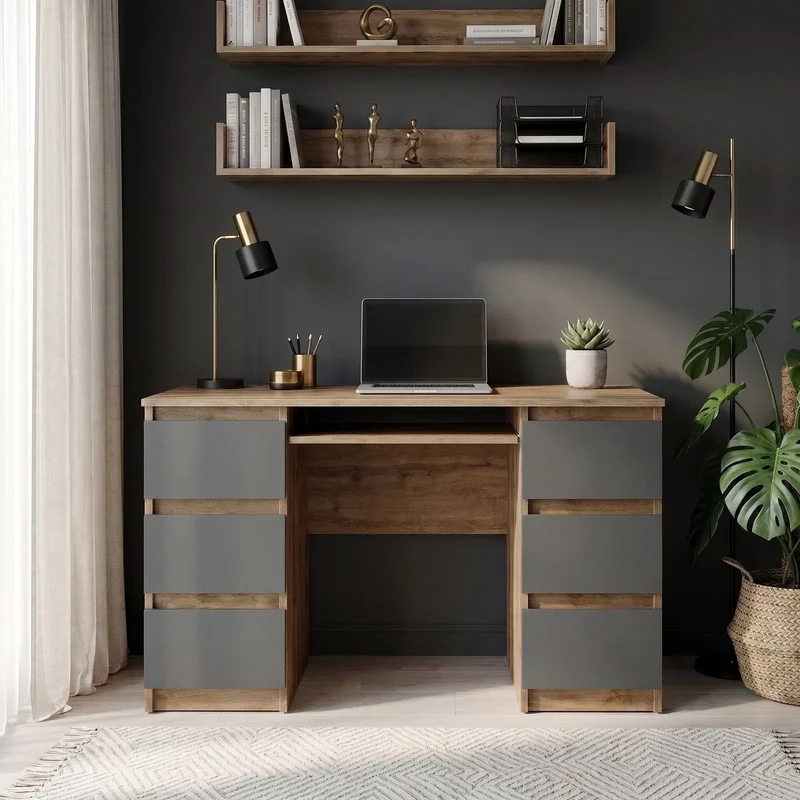 CUBA - Schreibtisch mit 6 Schubladen und Tastaturablage 130cm - Wotan Eiche / Anthrazit Grau