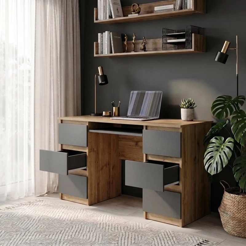 CUBA - Schreibtisch mit 6 Schubladen und Tastaturablage 130cm - Wotan Eiche / Anthrazit Grau