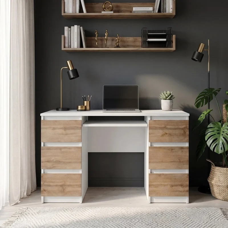 CUBA - Schreibtisch mit 6 Schubladen und Tastaturablage 130cm - Weiß Matt / Wotan Eiche