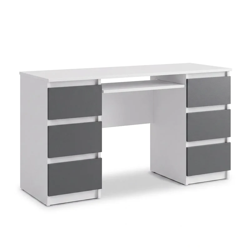 CUBA - Schreibtisch mit 6 Schubladen und Tastaturablage 130cm - Weiß Matt / Anthrazit Grau