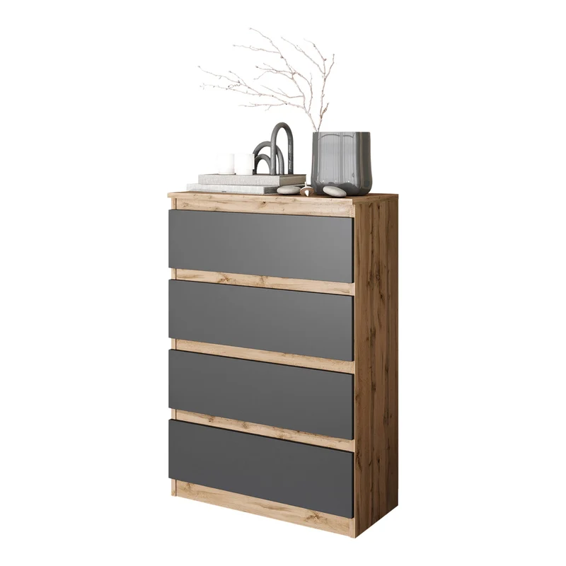 GABRIEL - Kommode / Sideboard mit 4 Schubladen - Wotan Eiche / Anthrazit H92cm B60cm T33cm