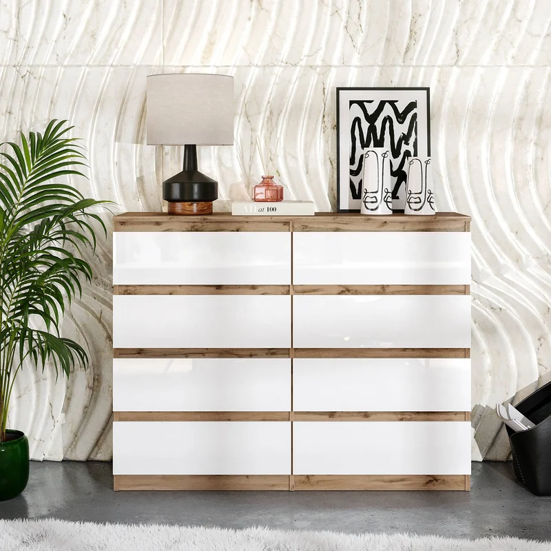 GABRIEL - Kommode / Sideboard mit 8 Schubladen - Wotan Eiche / Weiß Gloss H92cm B120cm T33cm