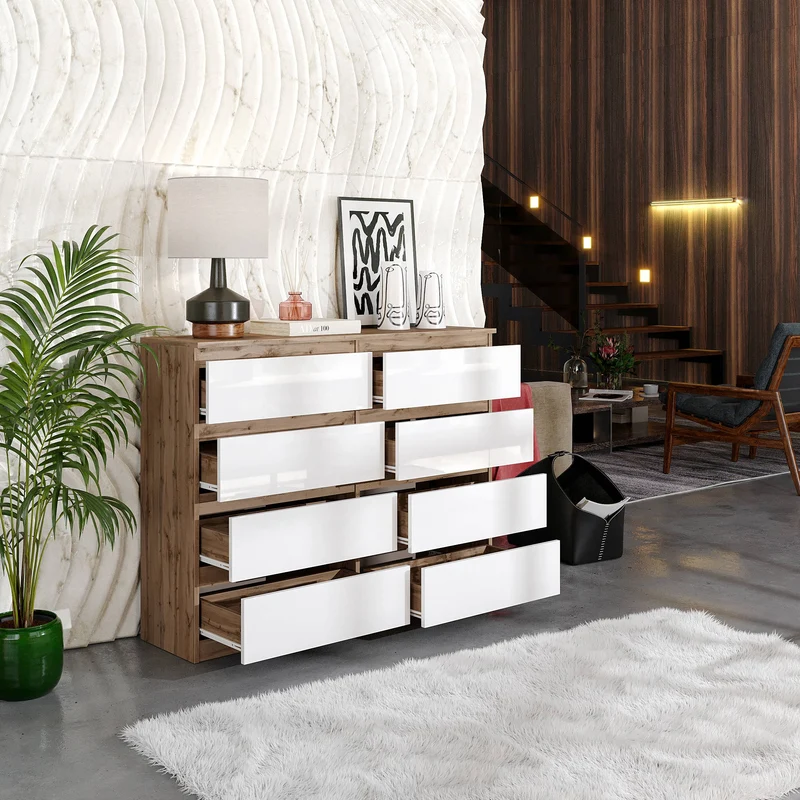 GABRIEL - Kommode / Sideboard mit 8 Schubladen - Wotan Eiche / Weiß Gloss H92cm B120cm T33cm