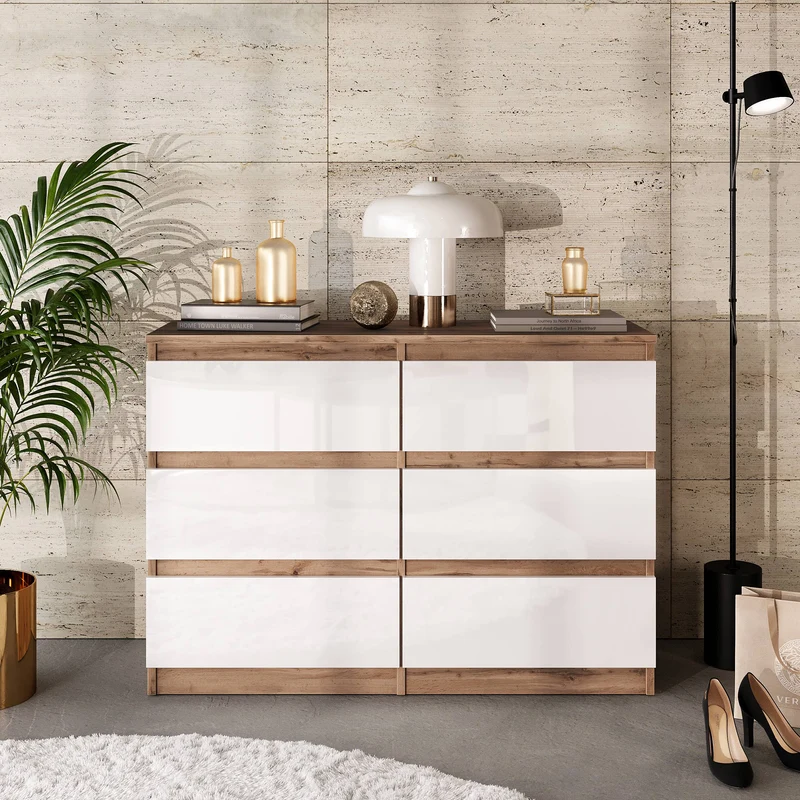 GABRIEL - Kommode / Sideboard mit 6 Schubladen - Wotan Eiche / Weiß Gloss H71cm B100cm TD33cm