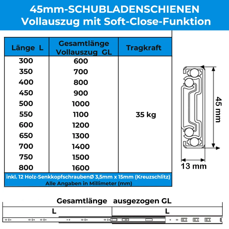 Schubladenschienen softclose Vollauszug 45mm Nut Schubladeneinzug