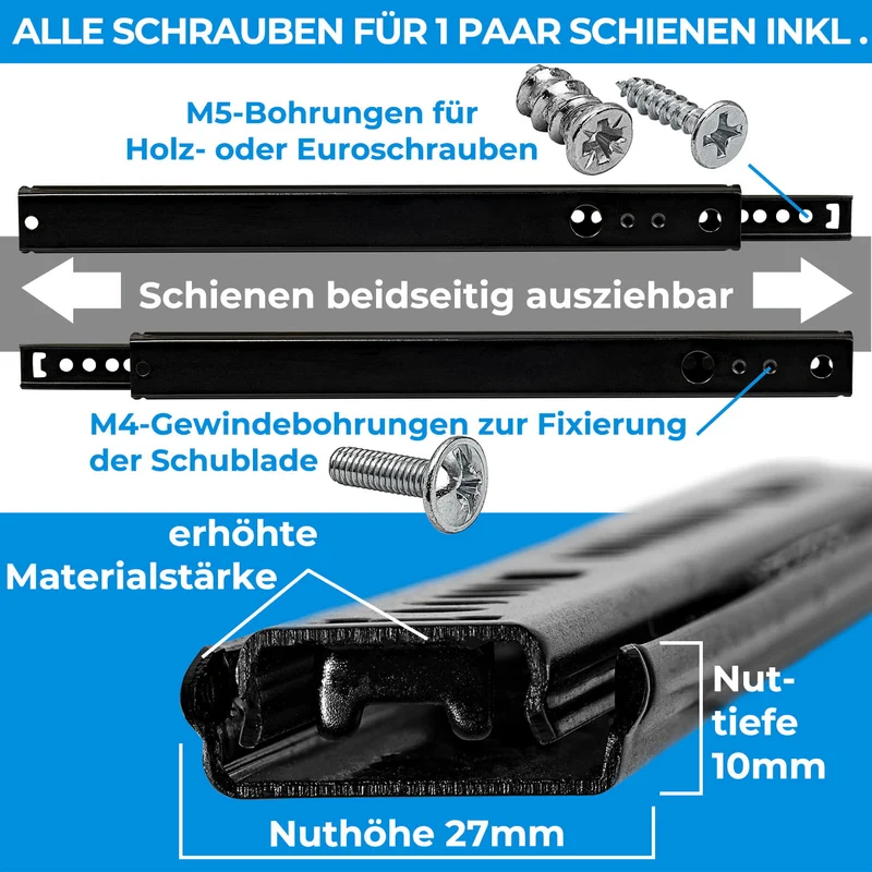 Schubladenschienen Schwarz Teilauszug 27mm Nut 1 Paar Gleitschienen