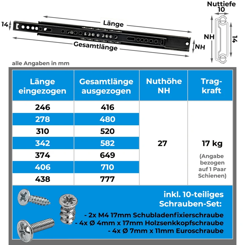 Schubladenschienen Schwarz Teilauszug 27mm Nut 1 Paar Gleitschienen