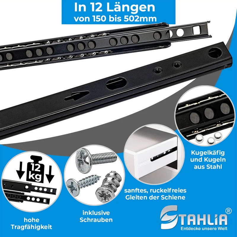 Schubladenschienen Teilauszug 17mm Nuthöhe aus Stahl Schwarz 1 Paar