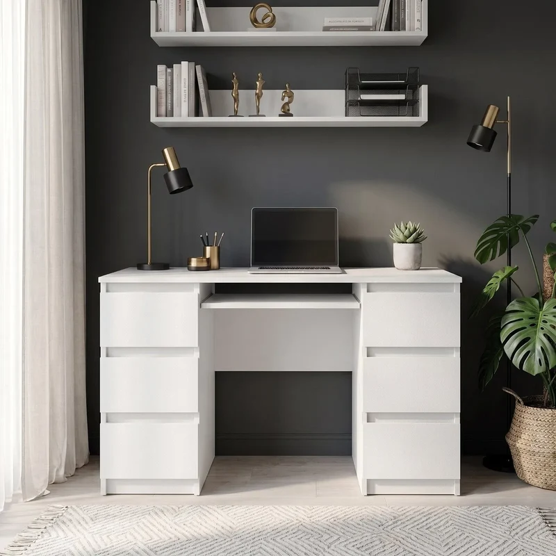 CUBA - Schreibtisch mit 6 Schubladen und Tastaturablage 130cm - Weiß Matt