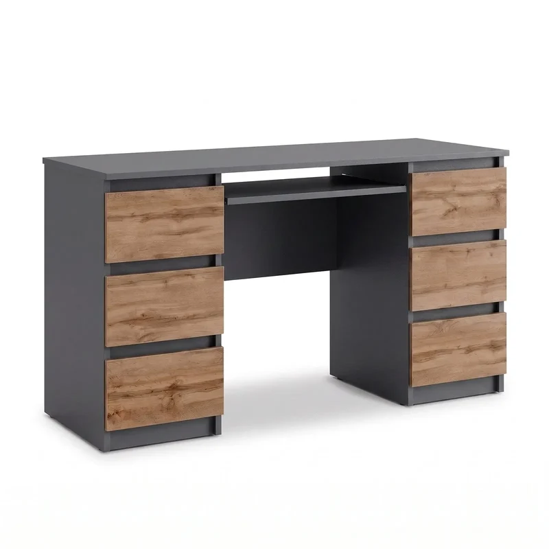 CUBA - Schreibtisch mit 6 Schubladen und Tastaturablage 130cm - Anthrazit Grau / Wotan Eiche