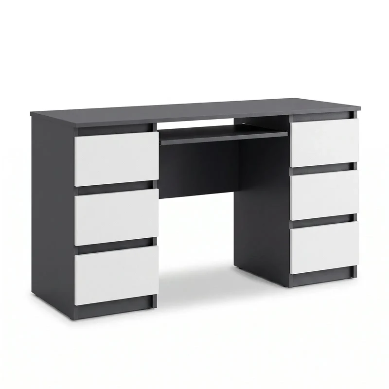 CUBA - Schreibtisch mit 6 Schubladen und Tastaturablage 130cm - Anthrazit Grau / Weiß Matt