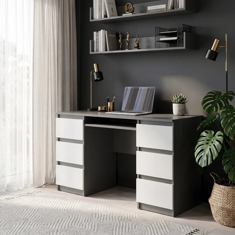 CUBA - Schreibtisch mit 6 Schubladen und Tastaturablage 130cm - Anthrazit Grau / Weiß Matt