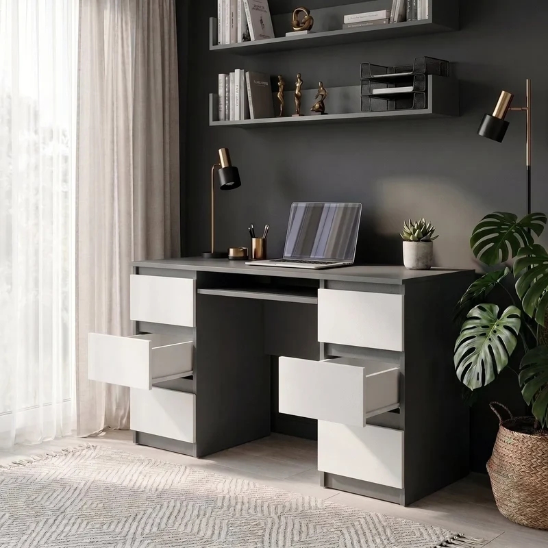 CUBA - Schreibtisch mit 6 Schubladen und Tastaturablage 130cm - Anthrazit Grau / Weiß Matt