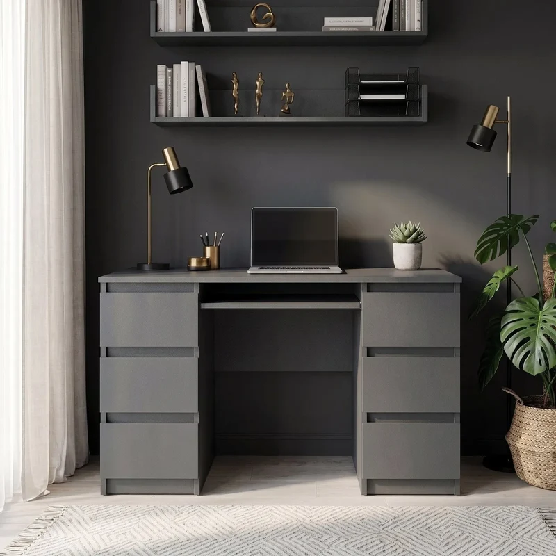 CUBA - Schreibtisch mit 6 Schubladen und Tastaturablage 130cm - Anthrazit Grau