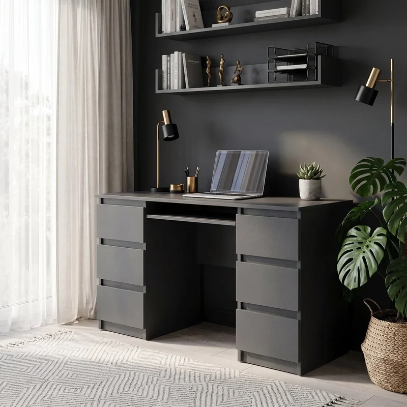 CUBA - Schreibtisch mit 6 Schubladen und Tastaturablage 130cm - Anthrazit Grau