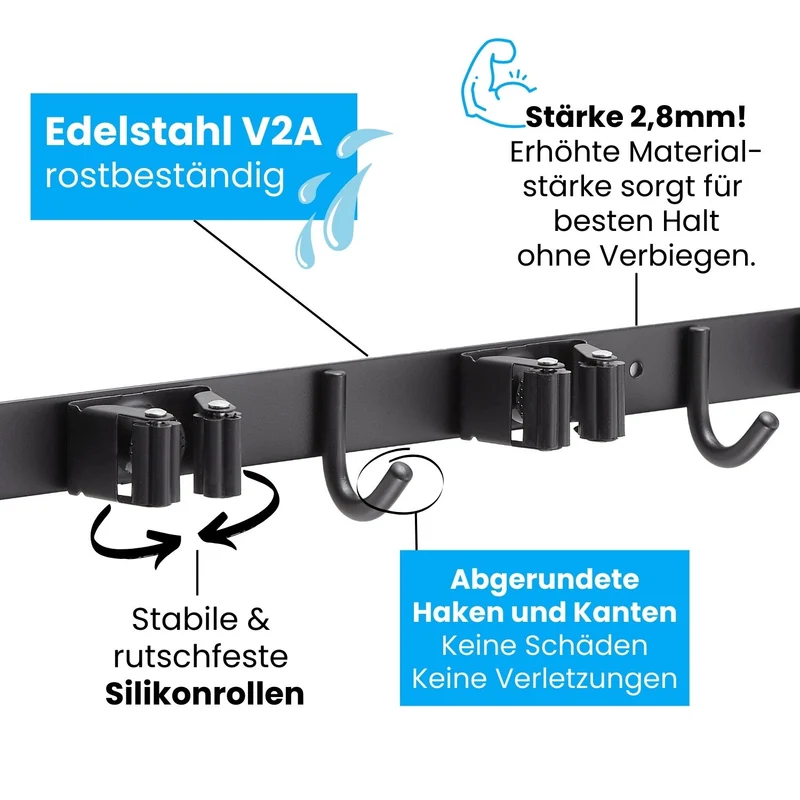 Besenhalterung Wand Edelstahl Schwarz-matt Gerätehalter verschraubbar/ selbstklebend