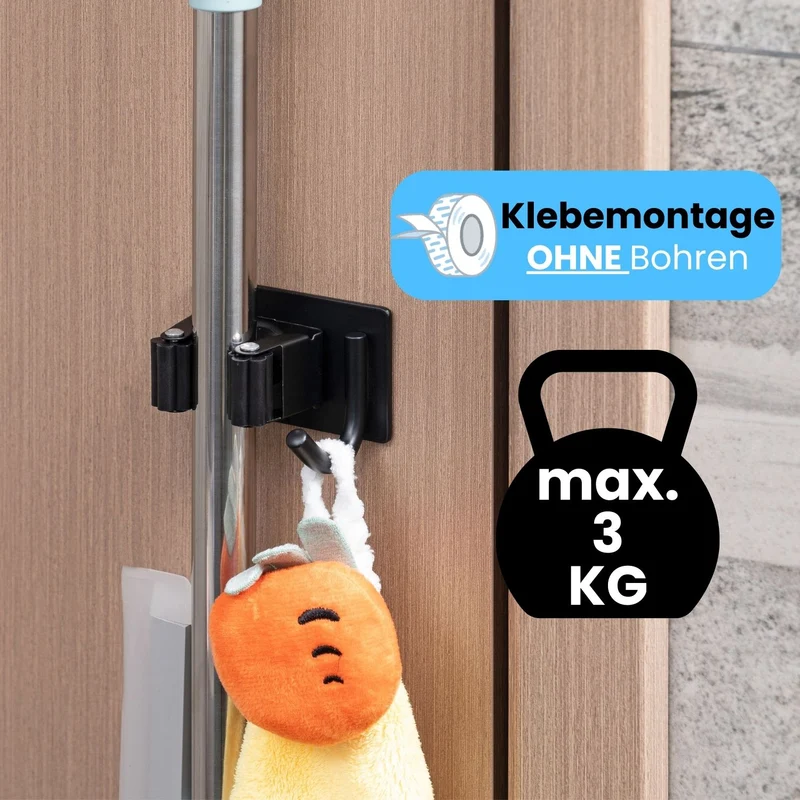 Besenhalterung Wand Edelstahl Schwarz-matt Gerätehalter verschraubbar/ selbstklebend