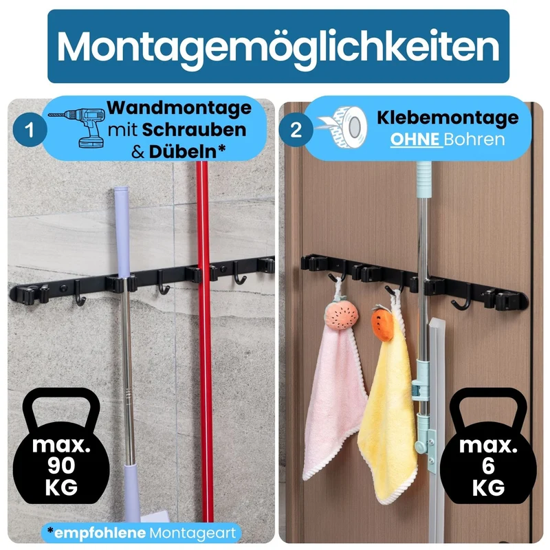 Besenhalterung Wand Edelstahl Schwarz-matt Gerätehalter verschraubbar/ selbstklebend