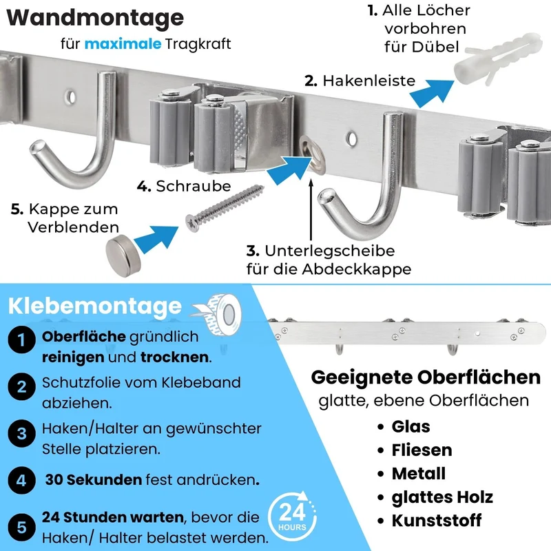Besenhalterung Wand Edelstahl Schwarz-matt Gerätehalter verschraubbar/ selbstklebend
