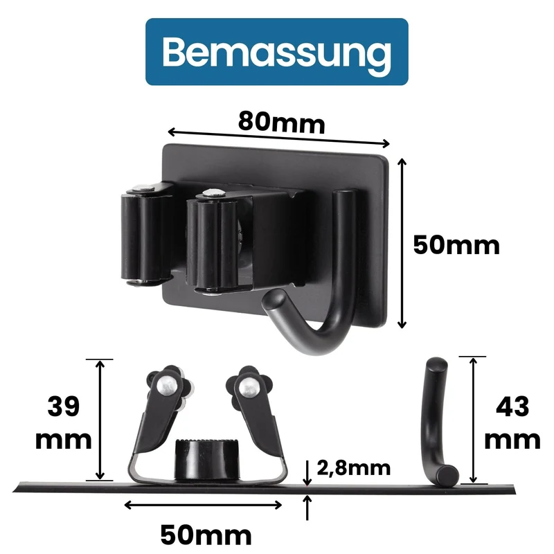 Besenhalterung Wand Edelstahl Schwarz-matt Gerätehalter verschraubbar/ selbstklebend