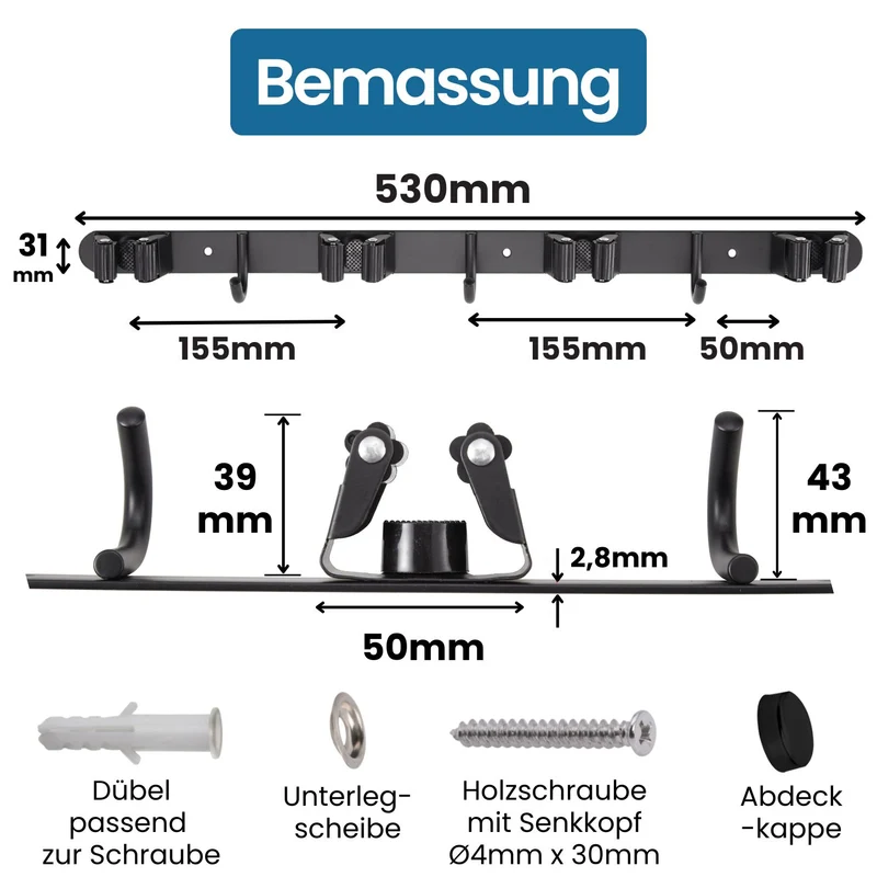 Besenhalterung Wand Edelstahl Schwarz-matt Gerätehalter verschraubbar/ selbstklebend
