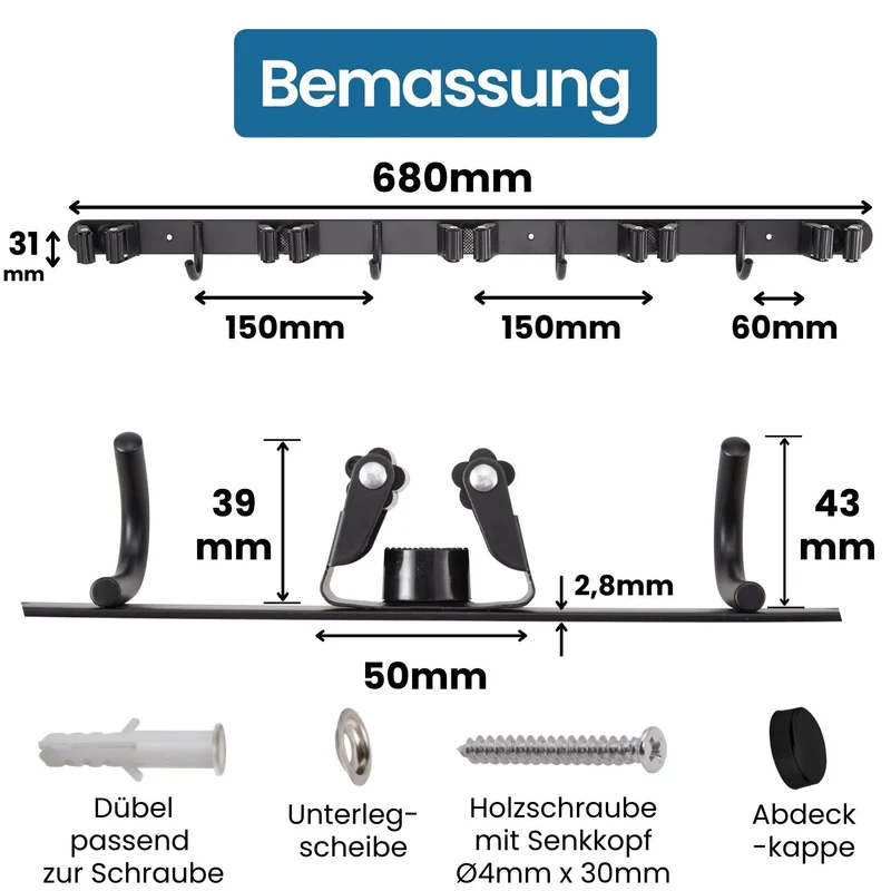 Besenhalterung Wand Edelstahl Schwarz-matt Gerätehalter verschraubbar/ selbstklebend