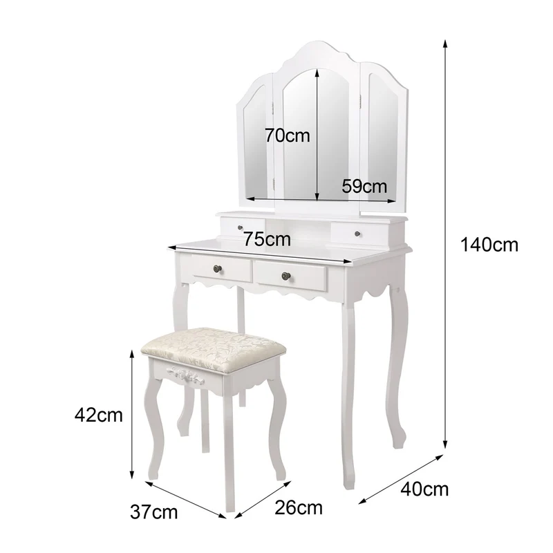 B-Ware Schminktisch Frisiertisch 75x140x40 cm in Weiß mit Spiegel 3-tlg, 4 Schubladen & Hocker ML-Design