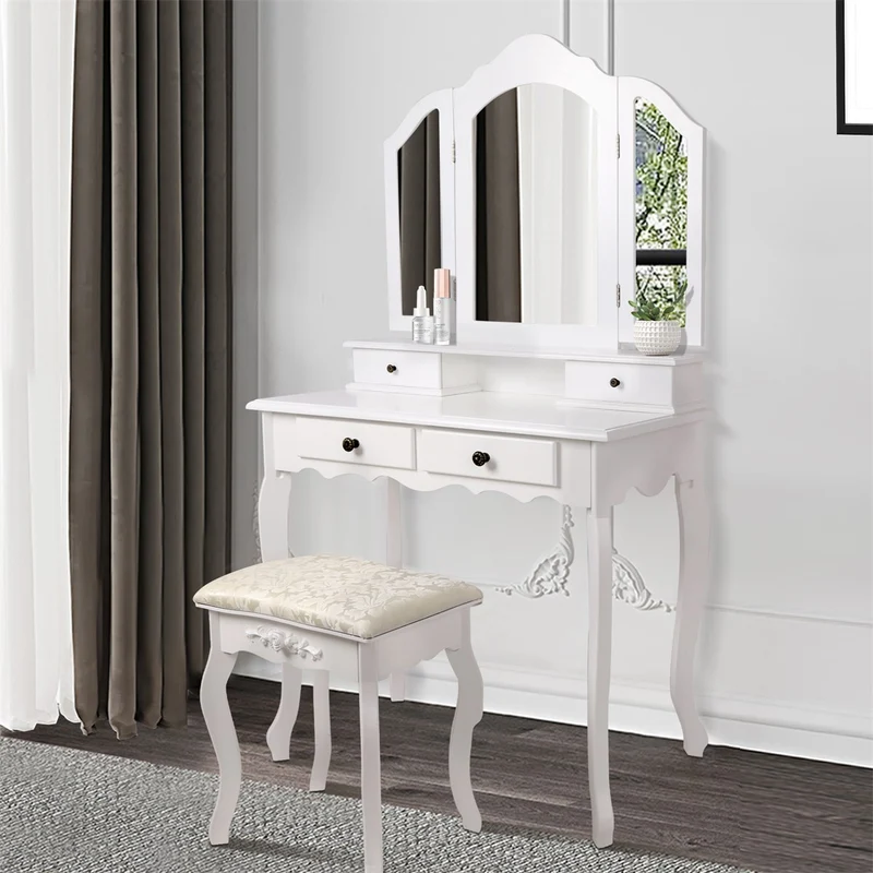 B-Ware Schminktisch Frisiertisch 75x140x40 cm in Weiß mit Spiegel 3-tlg, 4 Schubladen & Hocker ML-Design