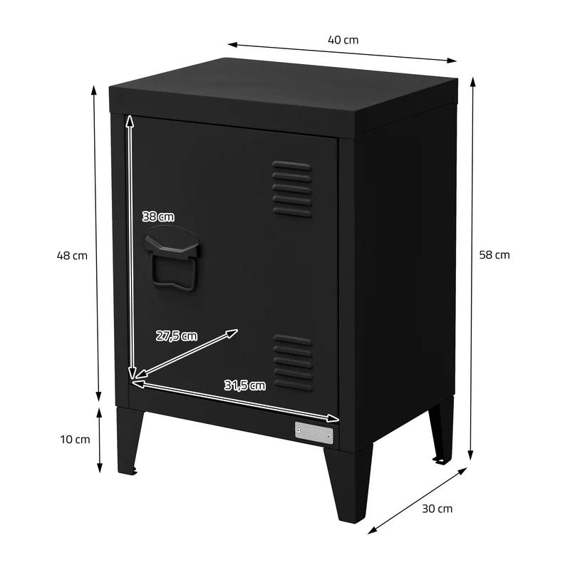 Nachttisch 40x30x58 cm Schwarz aus Stahl mit verstellbarer Regalboden ML Design
