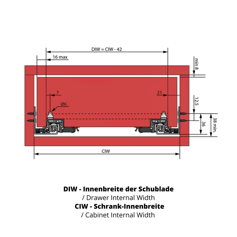Soft-Close Unterflurführungen Schubladenschienen, Vollauszug 250mm - 600mm