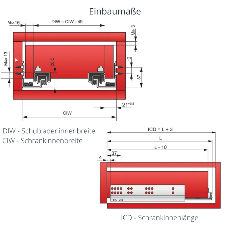 Soft-Close Unterflurführungen Schubladenschienen, Vollauszug 250mm - 600mm