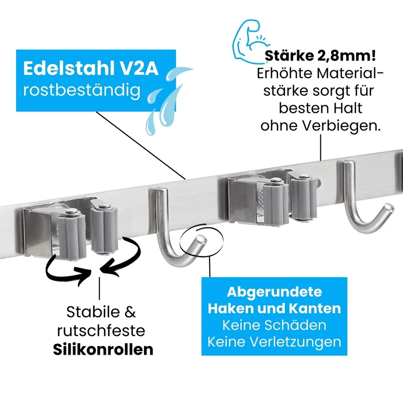 Besenhalterung Wand Edelstahl-gebürstet Gerätehalter verschraubbar/ selbstklebend