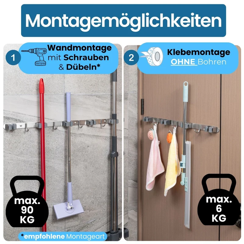 Besenhalterung Wand Edelstahl-gebürstet Gerätehalter verschraubbar/ selbstklebend