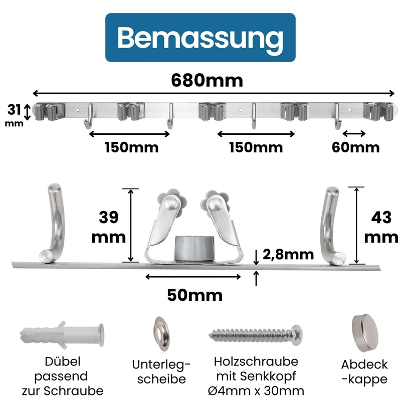 Besenhalterung Wand Edelstahl-gebürstet Gerätehalter verschraubbar/ selbstklebend