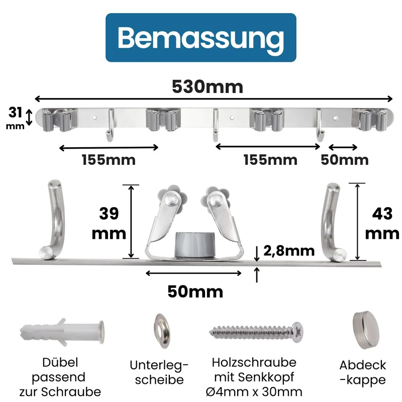 Besenhalterung Wand Edelstahl-gebürstet Gerätehalter verschraubbar/ selbstklebend