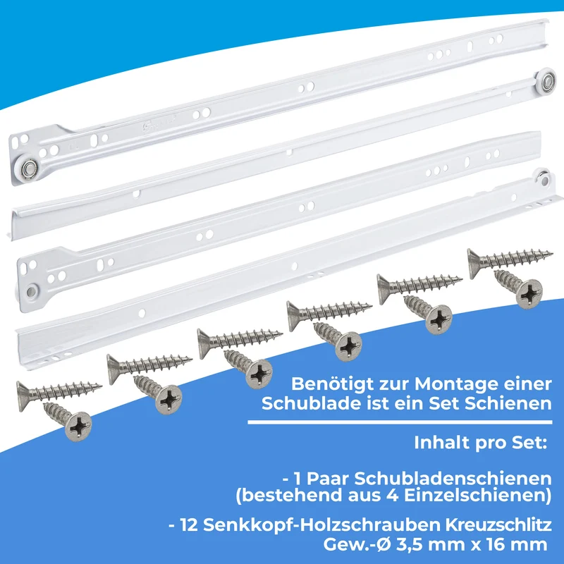 Rollenschiene Weiß Teilauszug Laufschiene Professional (mit Rollen & Kugellager) 1 Paar