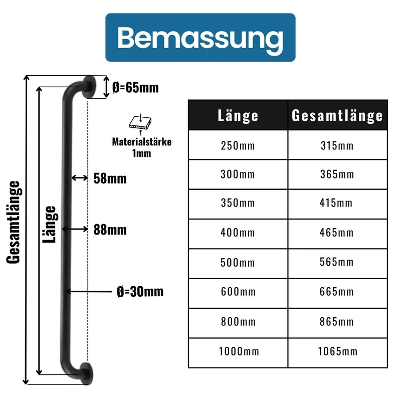 Haltegriff Schwarz Handgriff Ø 30mm Edelstahl Duschgriff - matt