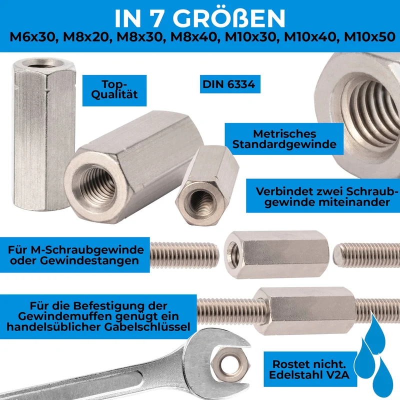 1x Gewindemuffe M6 - M10 Edelstahl A2 V2A Sechskant Verbindungsmuffe DIN 6334