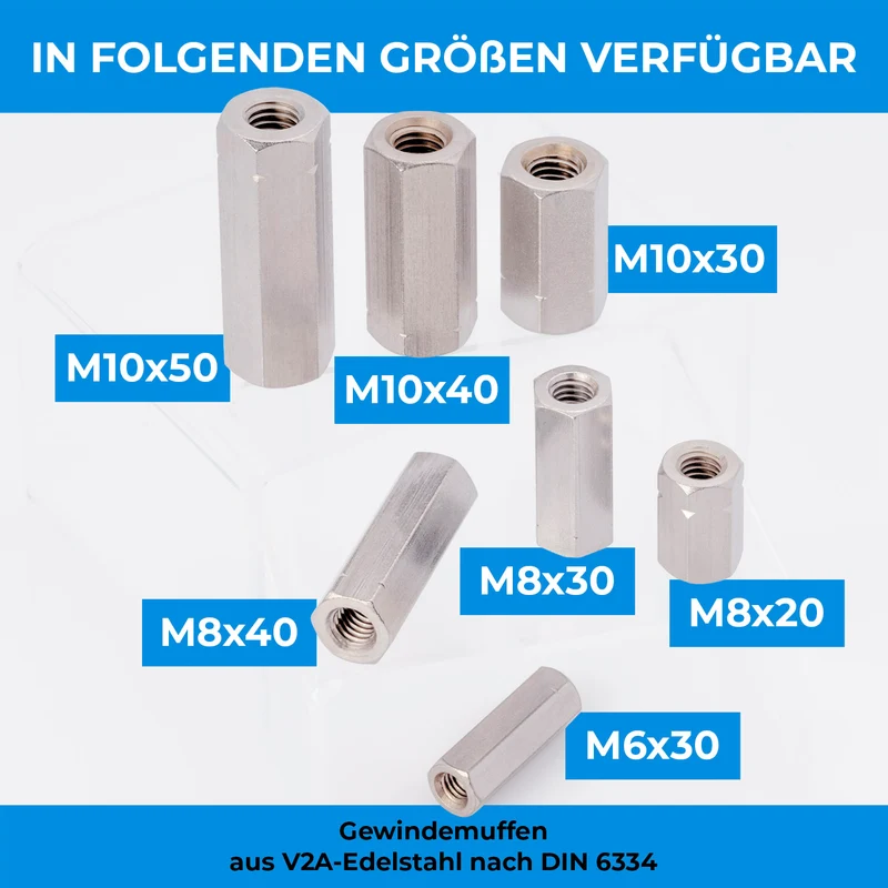 1x Gewindemuffe M6 - M10 Edelstahl A2 V2A Sechskant Verbindungsmuffe DIN 6334
