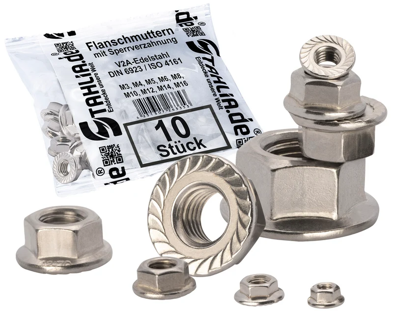 10x Flanschmuttern Sperrzahnmuttern Edelstahl V2A A2 Sechskantmuttern mit Flansch DIN 6923