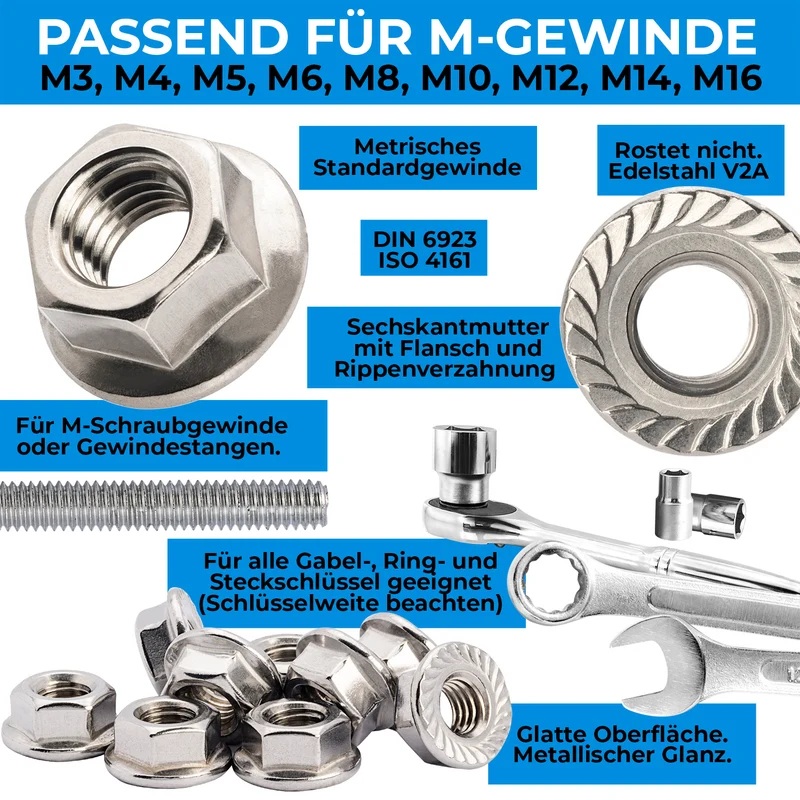 10x Flanschmuttern Sperrzahnmuttern Edelstahl V2A A2 Sechskantmuttern mit Flansch DIN 6923