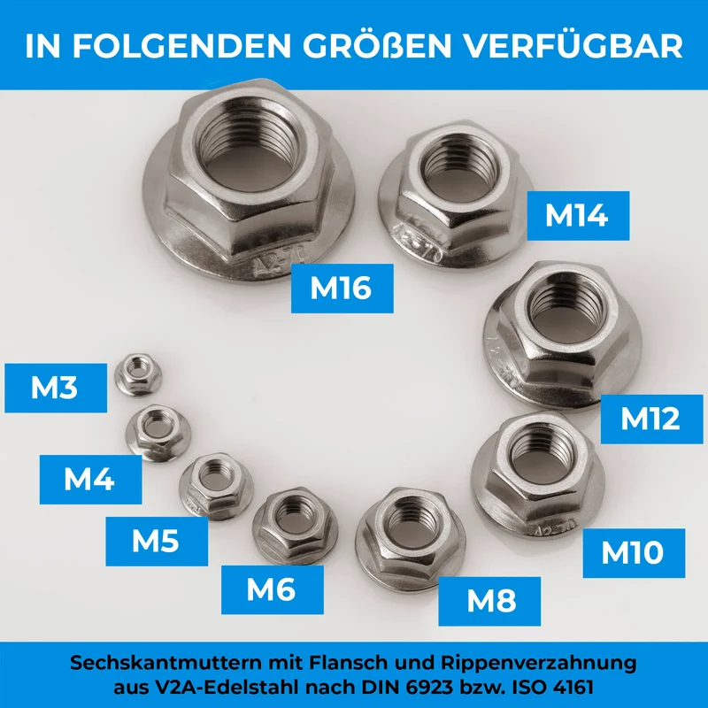 10x Flanschmuttern Sperrzahnmuttern Edelstahl V2A A2 Sechskantmuttern mit Flansch DIN 6923