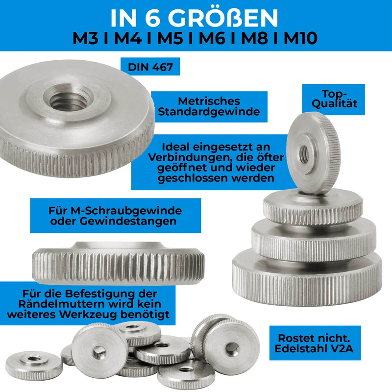 1 x Rändelmutter M3 - M10 flache Form Edelstahl A2 V2A Edelstahlmutter mit gerändeltem Rand
